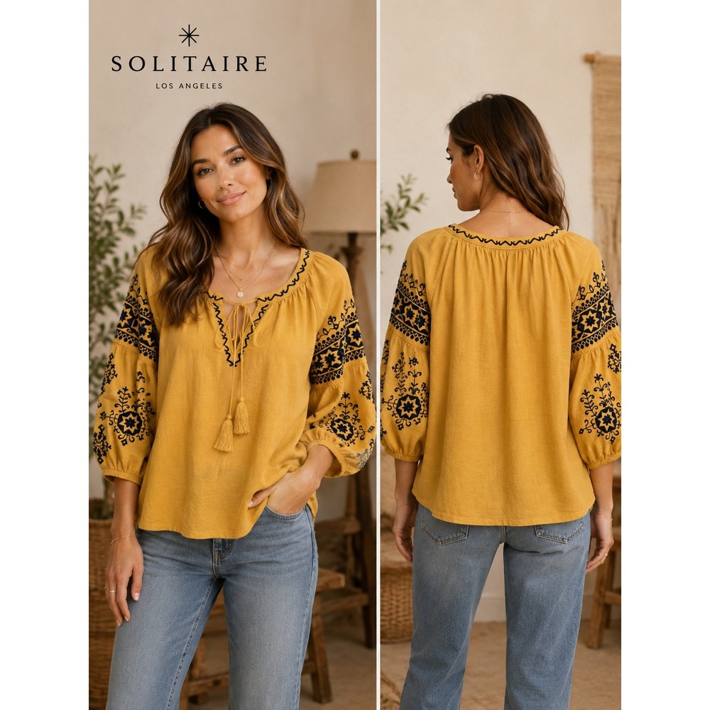 Solitaire Mustard Yellow Embroidered Peasant Blouse Tassel Top Size Large